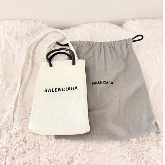 BALENCIAGA Shoulder Bag Phone Holder 593826 Crossbody Calfskin White Runway - Picture 4 of 11